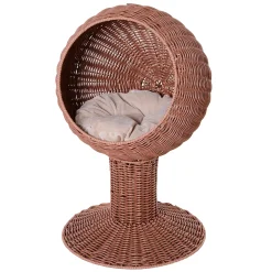 PawHut 27" Hooded Rattan Wicker Round Elevated Condo Cat Bed With An Elegant Design And Included Cushion Coffee -PetPals Group shop 6013511 ALT2
