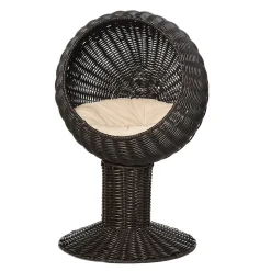 PawHut 27" Hooded Rattan Wicker Round Elevated Condo Cat Bed With An Elegant Design And Included Cushion Coffee