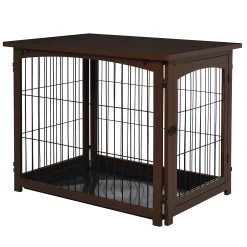 PawHut Wooden Decorative Dog Cage Pet Crate With Fence Side Table Small Animal House And Tabletop Brown -PetPals Group shop 6013512 ALT2