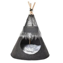 PawHut Pet Teepee Tent Cat Bed Dog House With Thick Cushion Chalkboard For Kitten And Puppy Up To 13lbs 28inch Grey