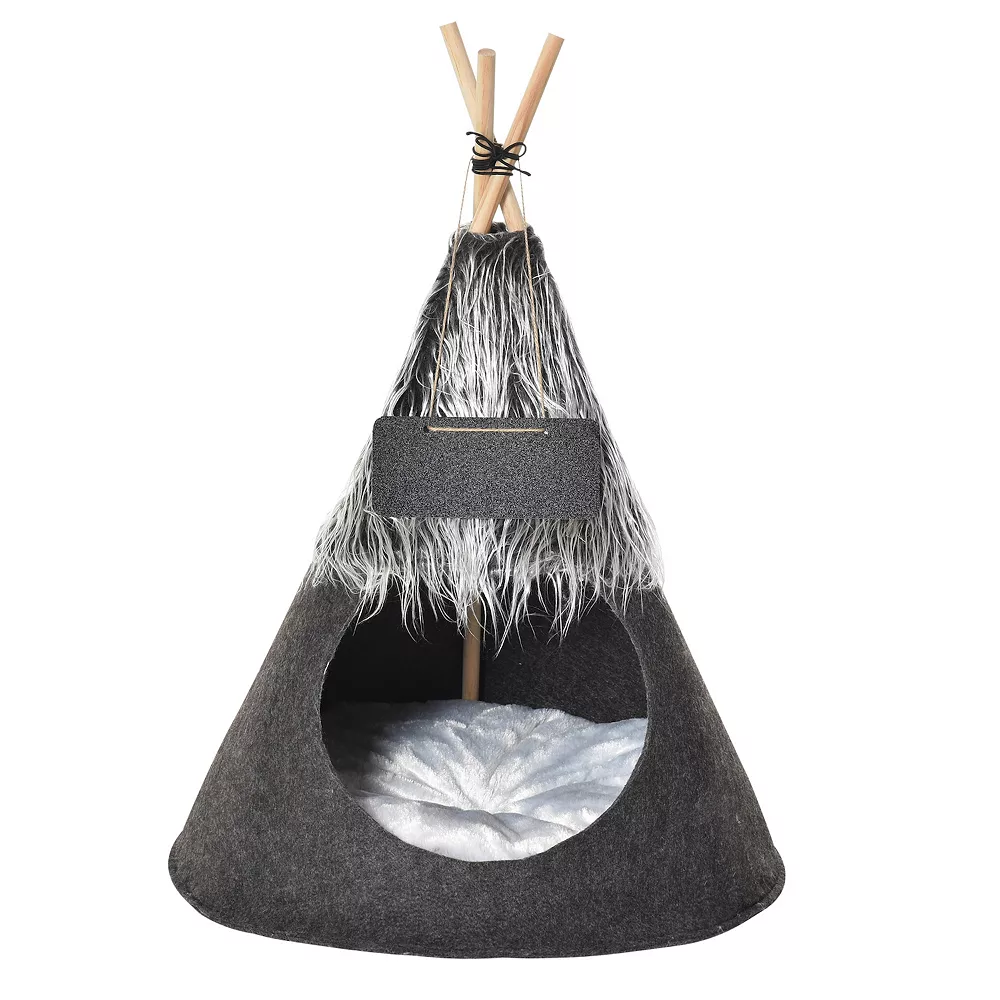 PawHut Pet Teepee Tent Cat Bed Dog House With Thick Cushion Chalkboard For Kitten And Puppy Up To 13lbs 28inch Grey 3 PawHut Pet Teepee Tent Cat Bed Dog House With Thick Cushion Chalkboard For Kitten And Puppy Up To 13lbs 28inch Grey