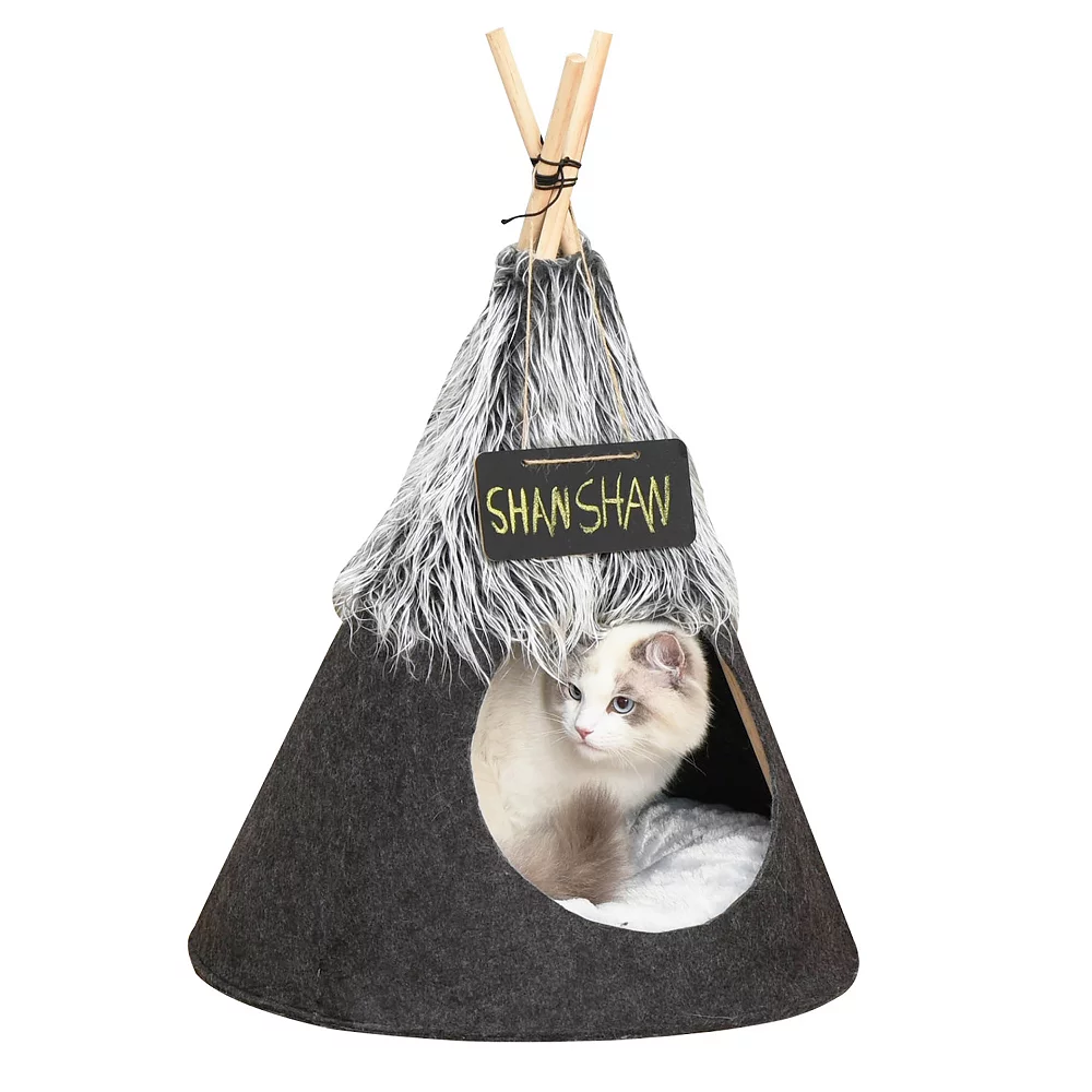 PawHut Pet Teepee Tent Cat Bed Dog House With Thick Cushion Chalkboard For Kitten And Puppy Up To 13lbs 28inch Grey 4 PawHut Pet Teepee Tent Cat Bed Dog House With Thick Cushion Chalkboard For Kitten And Puppy Up To 13lbs 28inch Grey - Image 2