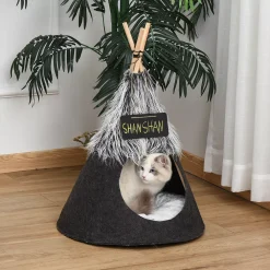 PawHut Pet Teepee Tent Cat Bed Dog House With Thick Cushion Chalkboard For Kitten And Puppy Up To 13lbs 28inch Grey 7 PawHut Pet Teepee Tent Cat Bed Dog House With Thick Cushion Chalkboard For Kitten And Puppy Up To 13lbs 28inch Grey -PetPals Group shop 6013545 ALT2