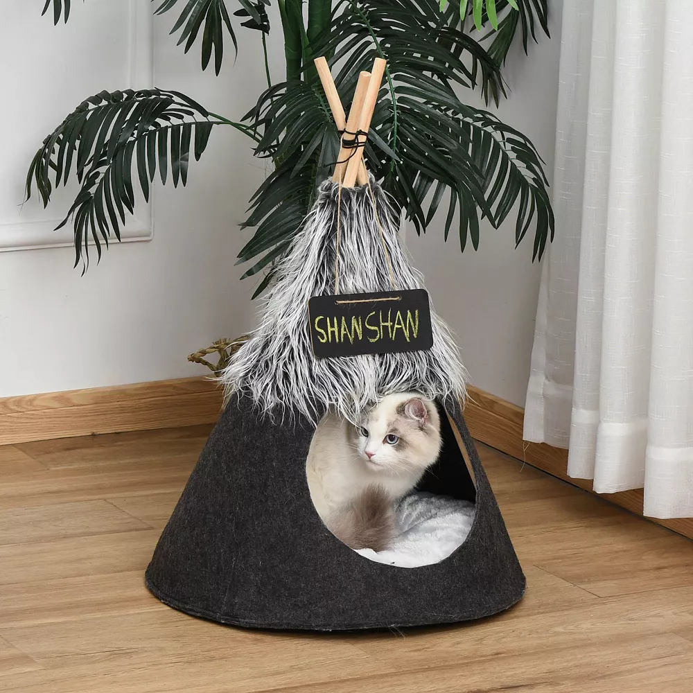 PawHut Pet Teepee Tent Cat Bed Dog House With Thick Cushion Chalkboard For Kitten And Puppy Up To 13lbs 28inch Grey 5 PawHut Pet Teepee Tent Cat Bed Dog House With Thick Cushion Chalkboard For Kitten And Puppy Up To 13lbs 28inch Grey - Image 3