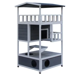 PawHut Feral Cat House Outdoor Kitten Condo Shelter With Raised Floor Asphalt Roof Escape Door Jumping Platform Grey -PetPals Group shop 6013554 ALT