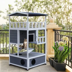 PawHut Feral Cat House Outdoor Kitten Condo Shelter With Raised Floor Asphalt Roof Escape Door Jumping Platform Grey -PetPals Group shop 6013554 ALT2