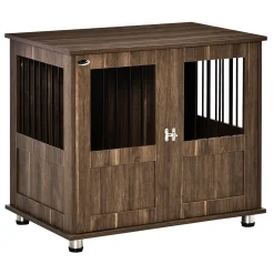 PawHut Stylish Dog Kennel Wooden End Table Furniture With Cushion And Lockable Magnetic Doors Small Size Pet Crate Indoor Animal Cage Brown