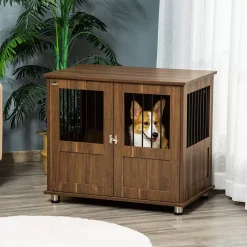PawHut Stylish Dog Kennel Wooden End Table Furniture With Cushion And Lockable Magnetic Doors Small Size Pet Crate Indoor Animal Cage Brown -PetPals Group shop 6013558 ALT2