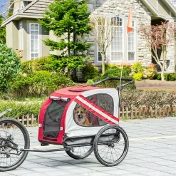 Aosom Dog Bike Trailer 2 In 1 Pet Stroller Cart Bicycle Wagon Cargo Carrier Attachment For Travel With 4 Wheels Reflectors Flag Red -PetPals Group shop 6013577 ALT2