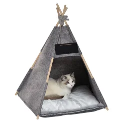 PawHut Pet Teepee Tent Cat Bed Dog House With Thick Cushion Chalkboard For Kitten And Puppy 32inch Grey -PetPals Group shop 6013648 ALT2