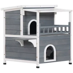 PawHut 2 Story Weatherproof Wood Cat House With Bacony Cat Shelter Condo Enclosure For Indoor And Outdoor Use Kitty House With Escape Door Grey