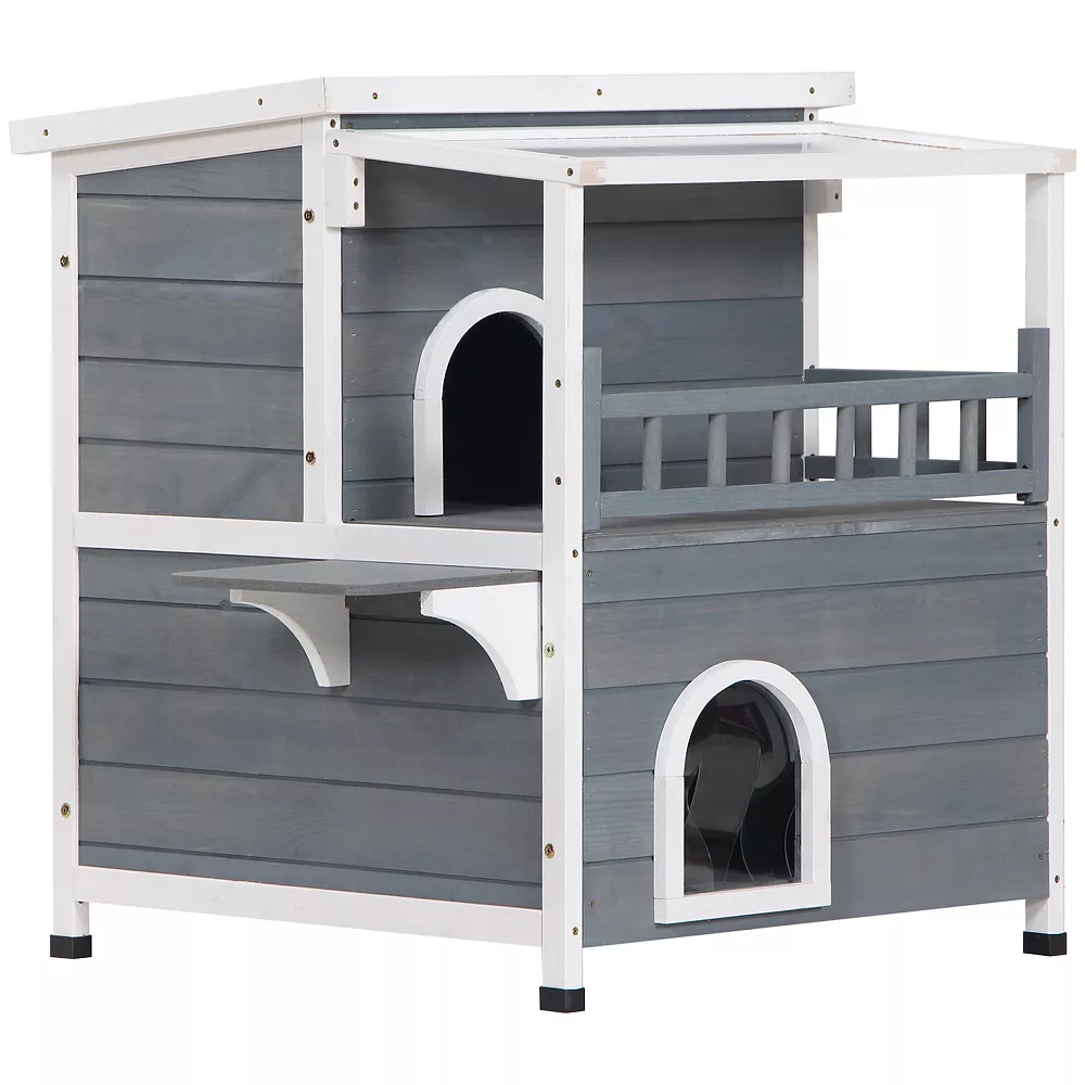 PawHut 2 Story Weatherproof Wood Cat House With Bacony Cat Shelter Condo Enclosure For Indoor And Outdoor Use Kitty House With Escape Door Grey 3 PawHut 2 Story Weatherproof Wood Cat House With Bacony Cat Shelter Condo Enclosure For Indoor And Outdoor Use Kitty House With Escape Door Grey