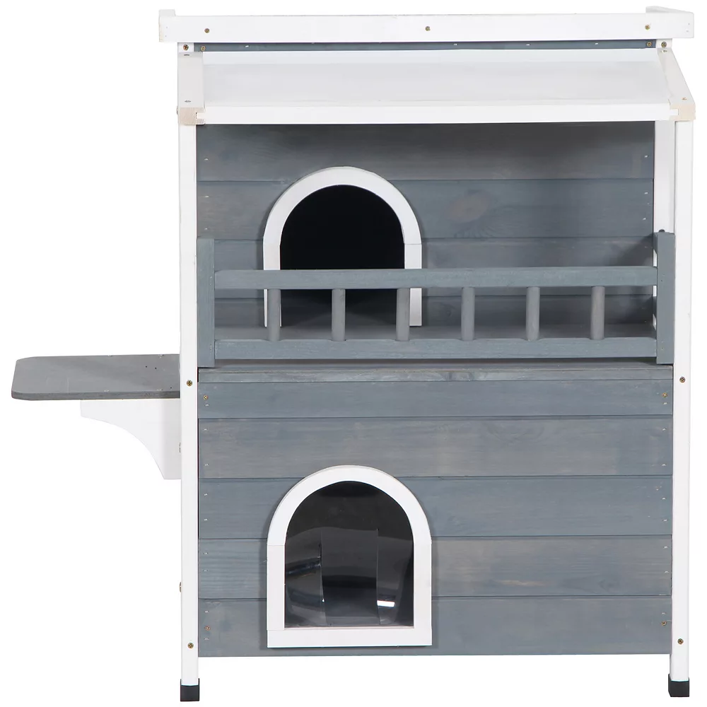 PawHut 2 Story Weatherproof Wood Cat House With Bacony Cat Shelter Condo Enclosure For Indoor And Outdoor Use Kitty House With Escape Door Grey 4 PawHut 2 Story Weatherproof Wood Cat House With Bacony Cat Shelter Condo Enclosure For Indoor And Outdoor Use Kitty House With Escape Door Grey - Image 2