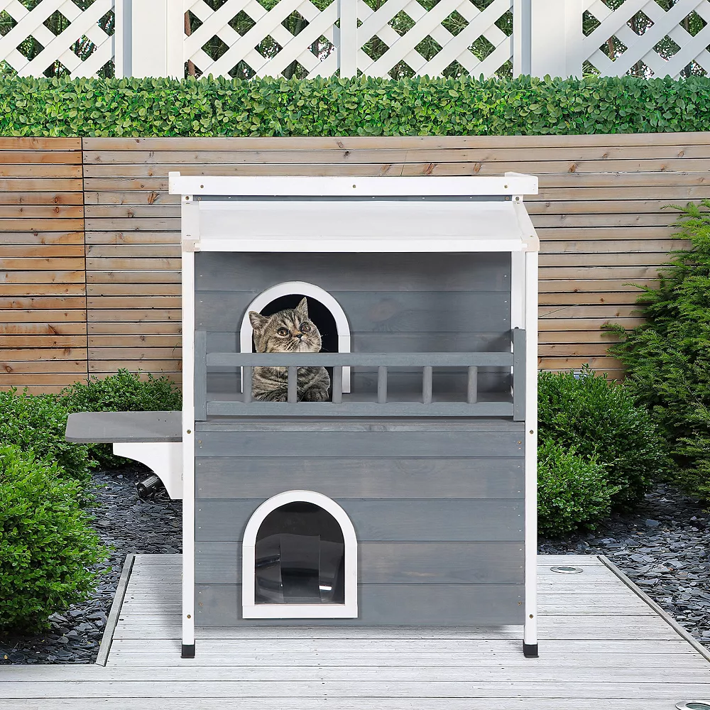 PawHut 2 Story Weatherproof Wood Cat House With Bacony Cat Shelter Condo Enclosure For Indoor And Outdoor Use Kitty House With Escape Door Grey 5 PawHut 2 Story Weatherproof Wood Cat House With Bacony Cat Shelter Condo Enclosure For Indoor And Outdoor Use Kitty House With Escape Door Grey - Image 3