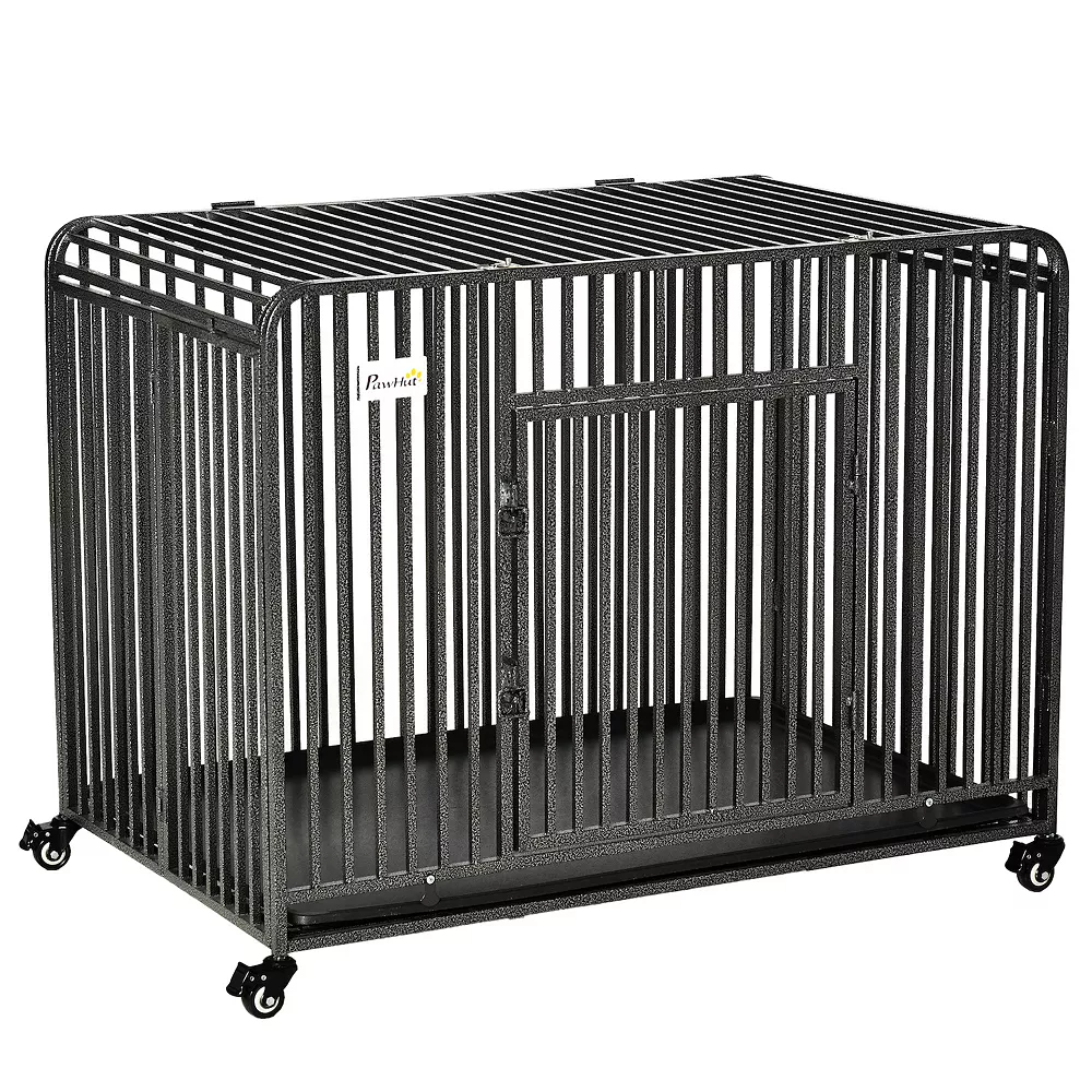 PawHut Heavy Duty Dog Crate Foldable Pet Kennel Cage With All Steel Frame Removable Tray 4 Locking Wheels For Medium And Large Dogs Dark Silver 3 PawHut Heavy Duty Dog Crate Foldable Pet Kennel Cage With All Steel Frame Removable Tray 4 Locking Wheels For Medium And Large Dogs Dark Silver