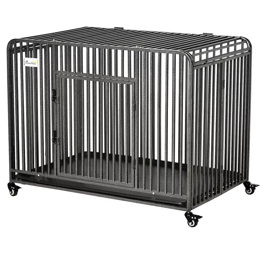 PawHut Heavy Duty Dog Crate Foldable Pet Kennel Cage With All Steel Frame Removable Tray 4 Locking Wheels For Medium And Large Dogs Dark Silver 4 PawHut Heavy Duty Dog Crate Foldable Pet Kennel Cage With All Steel Frame Removable Tray 4 Locking Wheels For Medium And Large Dogs Dark Silver - Image 2