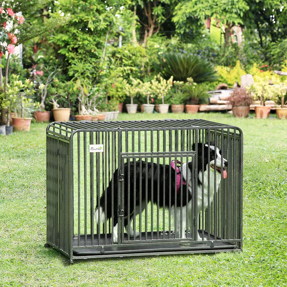 PawHut Heavy Duty Dog Crate Foldable Pet Kennel Cage With All Steel Frame Removable Tray 4 Locking Wheels For Medium And Large Dogs Dark Silver 5 PawHut Heavy Duty Dog Crate Foldable Pet Kennel Cage With All Steel Frame Removable Tray 4 Locking Wheels For Medium And Large Dogs Dark Silver - Image 3