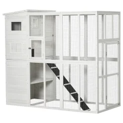PawHut Large Wooden Outdoor Cat House With Large Run For Play Catio For Lounging And Condo Area For Sleeping White -PetPals Group shop 6013781 ALT