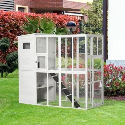 PawHut Large Wooden Outdoor Cat House With Large Run For Play Catio For Lounging And Condo Area For Sleeping White -PetPals Group shop 6013781 ALT2