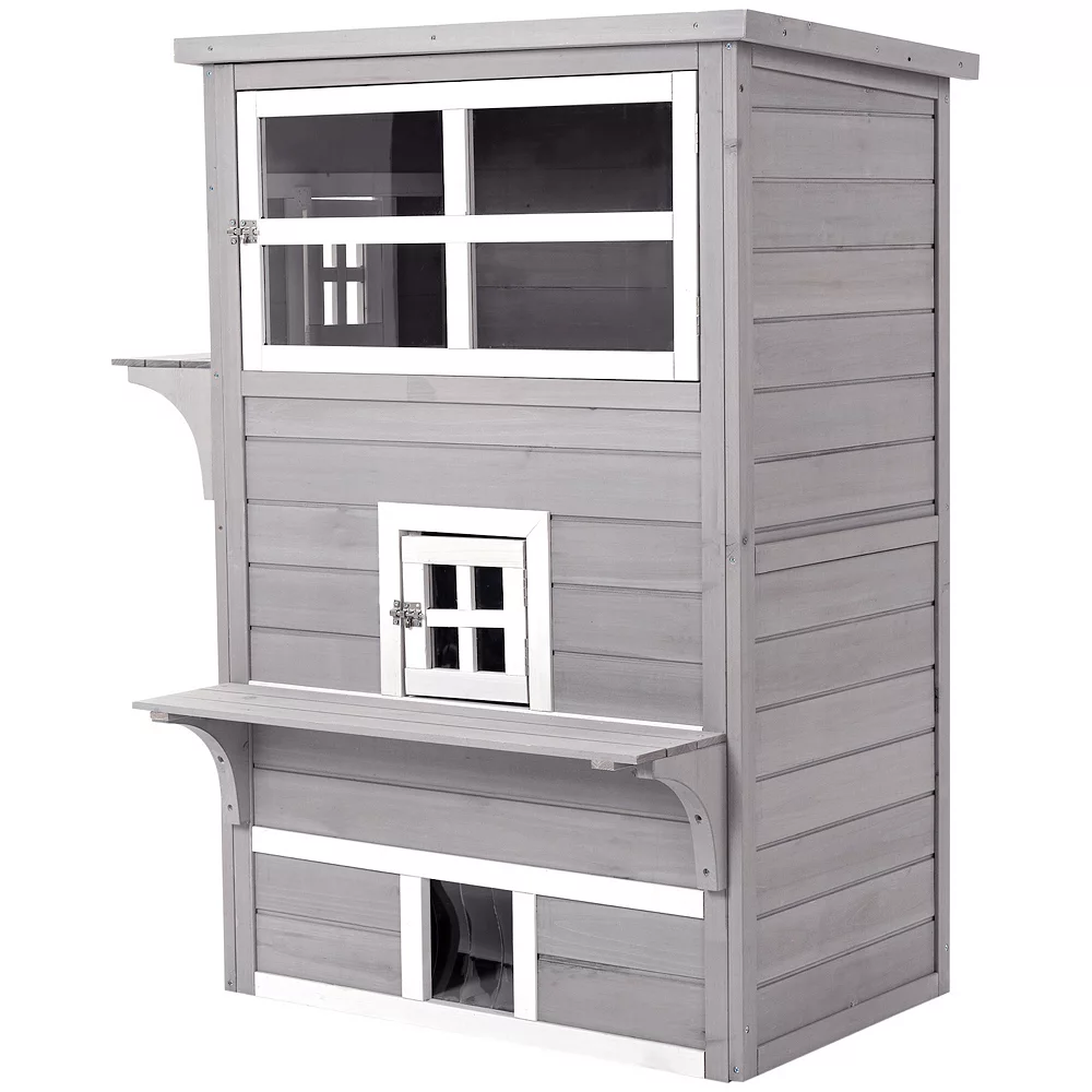 PawHut 3 Tier Feral Cat House Outdoor Kitten Condo Shelter With Raised Floor Asphalt Roof Escape Door Jumping Platform Grey 4 PawHut 3 Tier Feral Cat House Outdoor Kitten Condo Shelter With Raised Floor Asphalt Roof Escape Door Jumping Platform Grey - Image 2