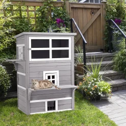 PawHut 3 Tier Feral Cat House Outdoor Kitten Condo Shelter With Raised Floor Asphalt Roof Escape Door Jumping Platform Grey 7 PawHut 3 Tier Feral Cat House Outdoor Kitten Condo Shelter With Raised Floor Asphalt Roof Escape Door Jumping Platform Grey -PetPals Group shop 6013875 ALT2