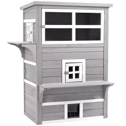 PawHut 3 Tier Feral Cat House Outdoor Kitten Condo Shelter With Raised Floor Asphalt Roof Escape Door Jumping Platform Grey