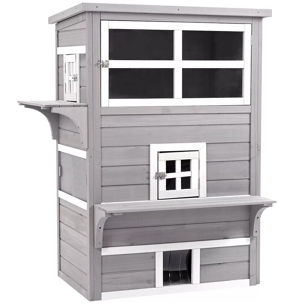 PawHut 3 Tier Feral Cat House Outdoor Kitten Condo Shelter With Raised Floor Asphalt Roof Escape Door Jumping Platform Grey 3 PawHut 3 Tier Feral Cat House Outdoor Kitten Condo Shelter With Raised Floor Asphalt Roof Escape Door Jumping Platform Grey
