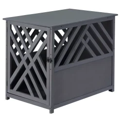 PawHut Furniture Style Wood Dog Crate End Table Decorative Dog Cage Kennel Lattice Night Stand With Lockable Door Grey -PetPals Group shop 6013898 ALT