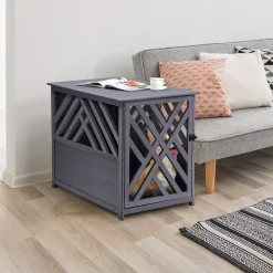 PawHut Furniture Style Wood Dog Crate End Table Decorative Dog Cage Kennel Lattice Night Stand With Lockable Door Grey -PetPals Group shop 6013898 ALT2