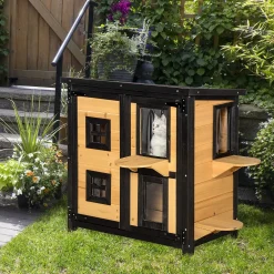 PawHut Feral Cat House 2 Tier Outdoor Wooden Pet Condo With Weather Resistant Roof Escape Door PVC Curtain Windows Yellow -PetPals Group shop 6013909 ALT2