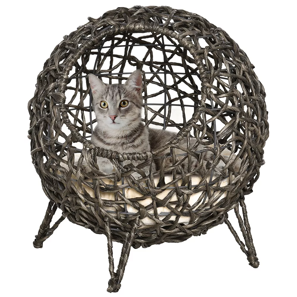 PawHut 20" Natural Rattan Cat Bed Elevated For Comfort And Circulation Includes Cushion Tan 4 PawHut 20" Natural Rattan Cat Bed Elevated For Comfort And Circulation Includes Cushion Tan - Image 2