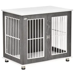 PawHut 34'' 2 In 1 Wooden Dog Kennel Modern Wire Animal Crate Pet Cage With Lockable Door And Adjustable Foot Pads For Small And Medium Dogs Grey And White