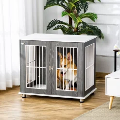 PawHut 34'' 2 In 1 Wooden Dog Kennel Modern Wire Animal Crate Pet Cage With Lockable Door And Adjustable Foot Pads For Small And Medium Dogs Grey And White -PetPals Group shop 6014015 ALT2