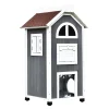 PawHut Solid Wood Cat House Condos Water Proof 2 Floor Pet Shelter Outdoor Furniture With Escape Door And Inside Stairs Grey And White 43" H -PetPals Group shop 6014081