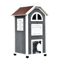 PawHut Solid Wood Cat House Condos Water Proof 2 Floor Pet Shelter Outdoor Furniture With Escape Door And Inside Stairs Grey And White 43" H