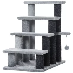 PawHut 4 Level Cat Stair Ladder Kitten Tree Climber With Hanging Play Ball Steps For Bed Sofa Light Grey