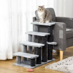 PawHut 4 Level Cat Stair Ladder Kitten Tree Climber With Hanging Play Ball Steps For Bed Sofa Light Grey -PetPals Group shop 6014117 ALT2