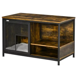 PawHut Cat Kennel Wood And Steel End Table Style With Cushion And Sliding Doors Pet Kitten Crate Elevated Indoor Small Animal Cage Rustic Brown