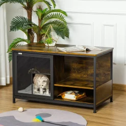 PawHut Cat Kennel Wood And Steel End Table Style With Cushion And Sliding Doors Pet Kitten Crate Elevated Indoor Small Animal Cage Rustic Brown -PetPals Group shop 6014146 ALT2