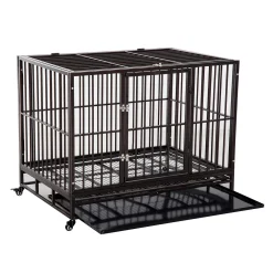 PawHut Heavy Duty Steel Dog Crate And Kennel Removable Tray Pet Cage Playpen W/ Wheels For Training Indoor Outdoor Brown Vein 42" L X 30" W X 34" H -PetPals Group shop 6014181 ALT
