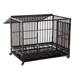 PawHut Heavy Duty Steel Dog Crate And Kennel Removable Tray Pet Cage Playpen W/ Wheels For Training Indoor Outdoor Brown Vein 42" L X 30" W X 34" H -PetPals Group shop 6014181 ALT2