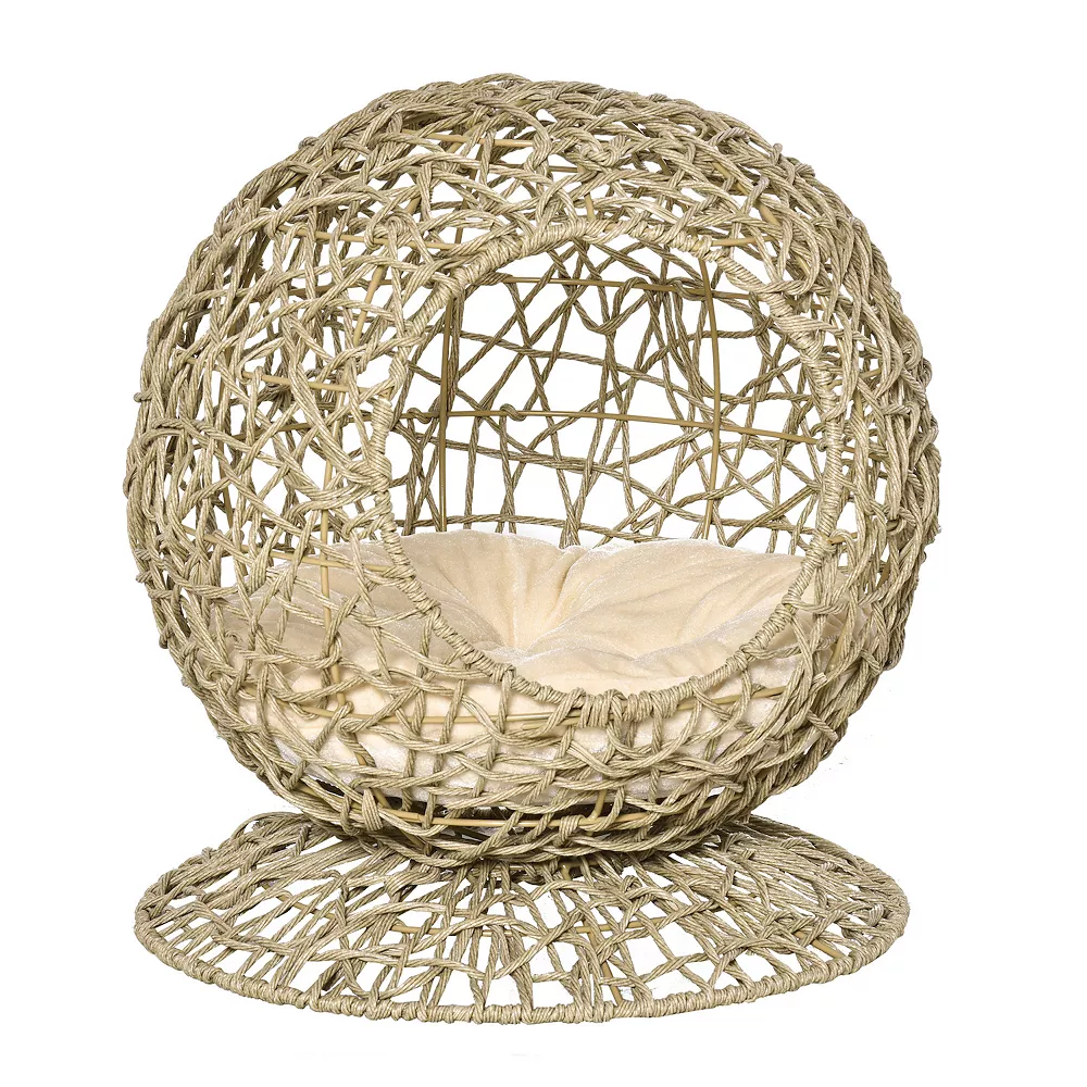 PawHut Rattan Elevated Cat Bed Kitty Ball With Comfortable Soft Cushion Wicker Construction And Round Base Brown 3 PawHut Rattan Elevated Cat Bed Kitty Ball With Comfortable Soft Cushion Wicker Construction And Round Base Brown