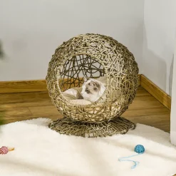 PawHut Rattan Elevated Cat Bed Kitty Ball With Comfortable Soft Cushion Wicker Construction And Round Base Brown 6 PawHut Rattan Elevated Cat Bed Kitty Ball With Comfortable Soft Cushion Wicker Construction And Round Base Brown -PetPals Group shop 6014189 ALT
