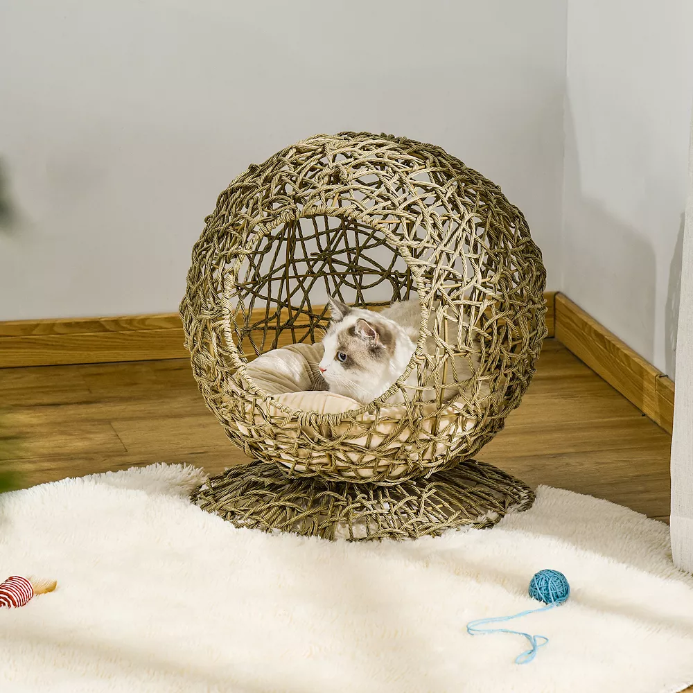 PawHut Rattan Elevated Cat Bed Kitty Ball With Comfortable Soft Cushion Wicker Construction And Round Base Brown 4 PawHut Rattan Elevated Cat Bed Kitty Ball With Comfortable Soft Cushion Wicker Construction And Round Base Brown - Image 2