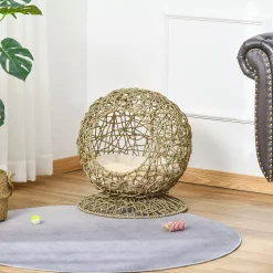 PawHut Rattan Elevated Cat Bed Kitty Ball With Comfortable Soft Cushion Wicker Construction And Round Base Brown 7 PawHut Rattan Elevated Cat Bed Kitty Ball With Comfortable Soft Cushion Wicker Construction And Round Base Brown -PetPals Group shop 6014189 ALT2