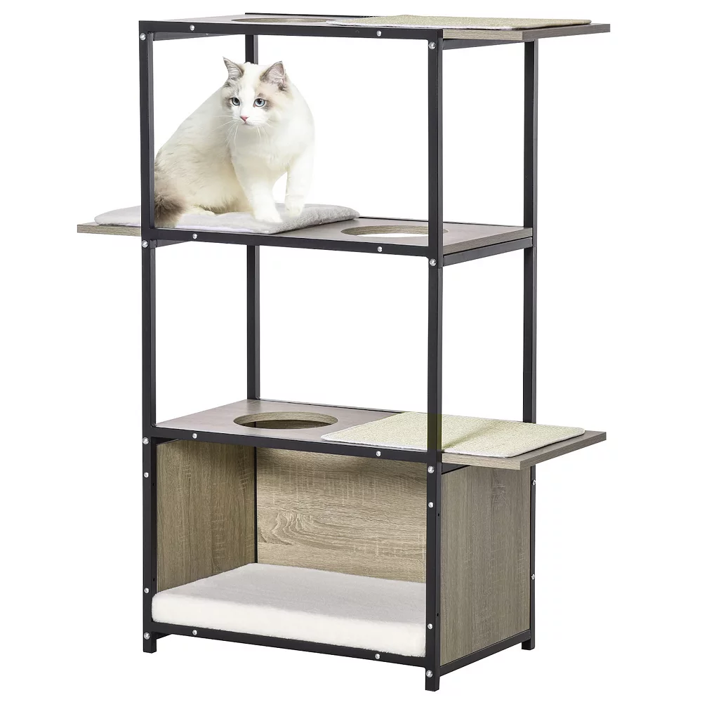 PawHut 48" Cat Activity Tower With 3 Climbing Levels 1 Condo And Removeable Cushions Grey/Black 4 PawHut 48" Cat Activity Tower With 3 Climbing Levels 1 Condo And Removeable Cushions Grey/Black - Image 2