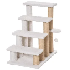 PawHut 4 Levels Cat Steps Pet Stairs Carpeted Ladder Cat Tree Climber With Scratching Posts Small Platform Hanging Ball For High Bed Sofa White