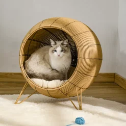 PawHut 20" Natural Rattan Cat Bed Elevated For Comfort And Circulation Includes Cushion Round Design Tan -PetPals Group shop 6014341 ALT2
