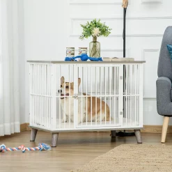 PawHut Furniture Dog Kennel Wooden End Table With Cushion And Lockable Door Medium Size Pet Crate Indoor Puppy Cage Grey -PetPals Group shop 6014344 ALT2