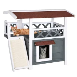 PawHut 2 Story Deluxe Outdoor Cat House Wood Shelter With Condo Sisal Ramp Weatherproof Outdoor/Indoor Use Grey -PetPals Group shop 6014361 ALT2